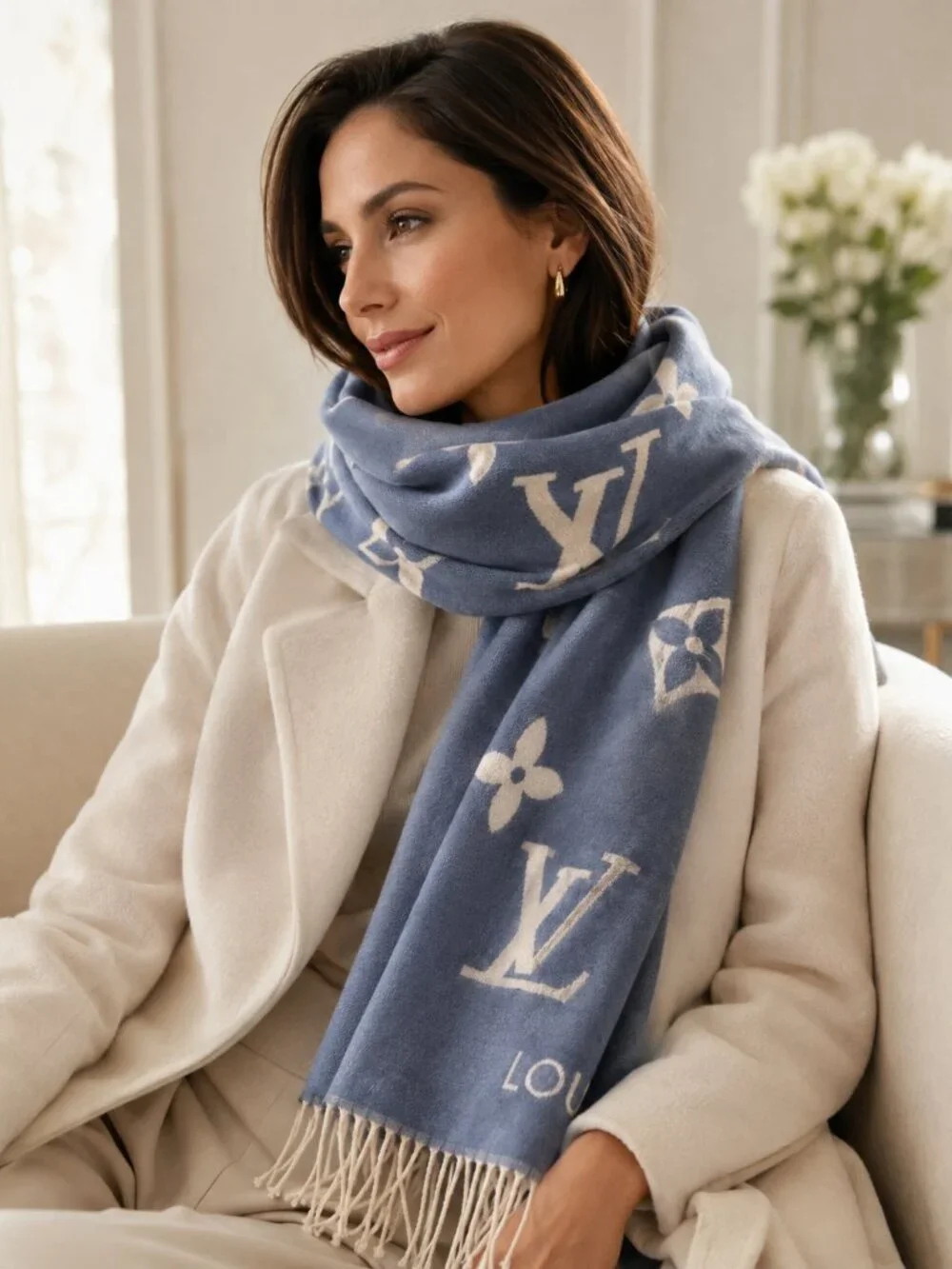Luxury Blue Ivory 100% Cashmere Oversized Monogram Scarf Wrap Fringe 70 x 25